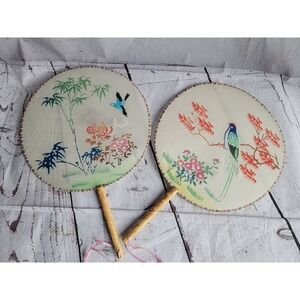 Lot 2 Vintage Hand Painted EXOTIC BIRD Silk Asian Bamboo Handled Fans Art READ